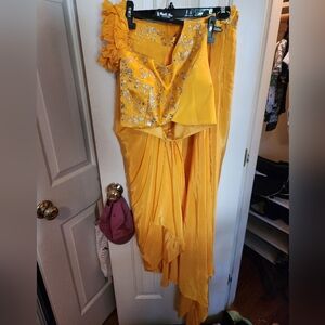 Indowestern haldi outfit in mustard and silver